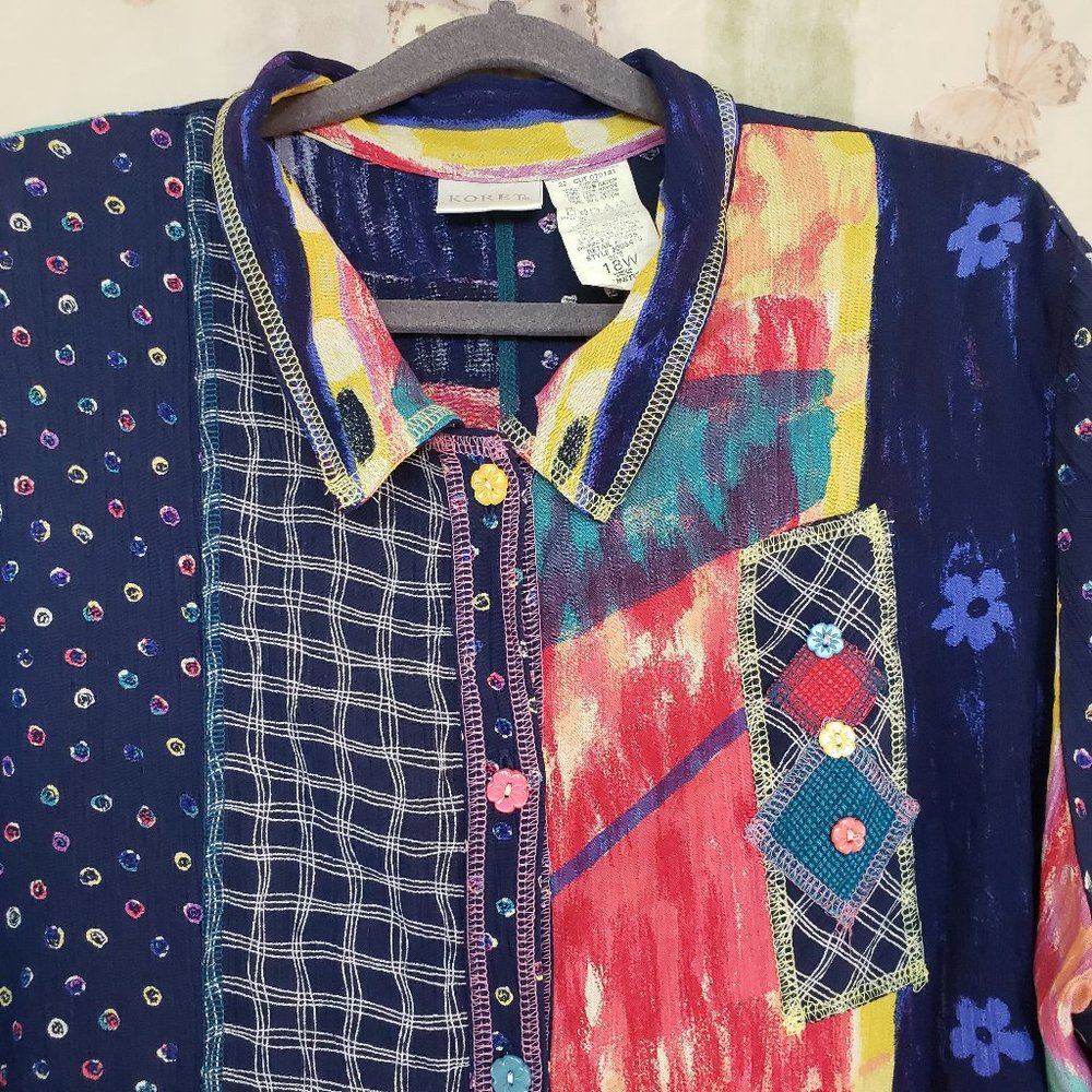 Vtg Patchwork Button Front Short Sleeve Tunic - image 2